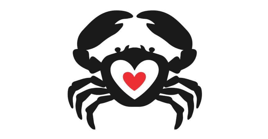 Krabbenherzideenvektorlogotyp. Meeresfrüchte lieben kreatives Symbollogosymbol.