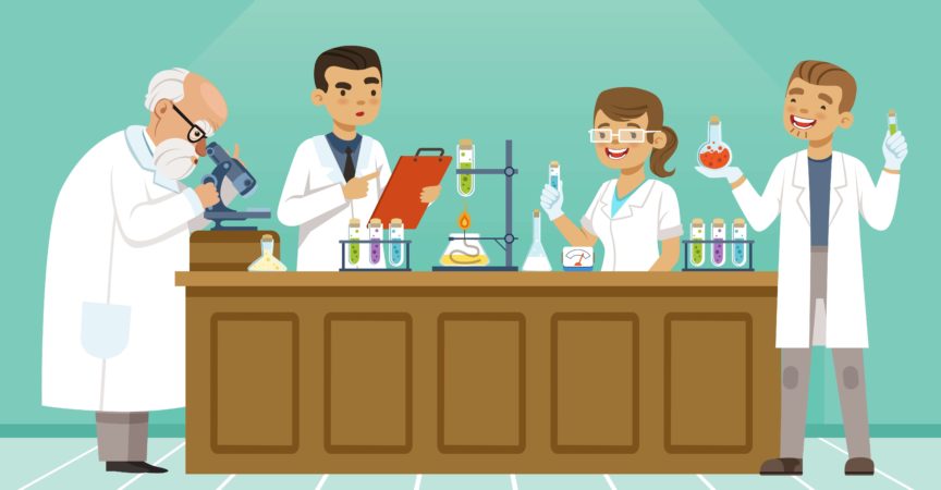 Professionelle Chemiker in ihrem Labor machen verschiedene Experimente auf dem Tisch. Männliche und weibliche Mediziner