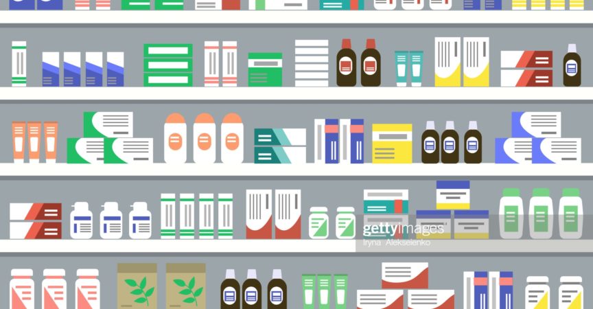 Regale mit Medikamenten. Objekte für ein Apothekeninterieur. Vektorillustration.