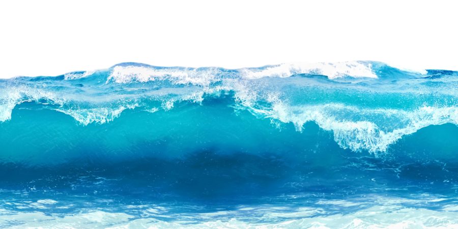 Blaue Meereswelle mit weißem Schaum lokalisiert auf weißem Hintergrund.