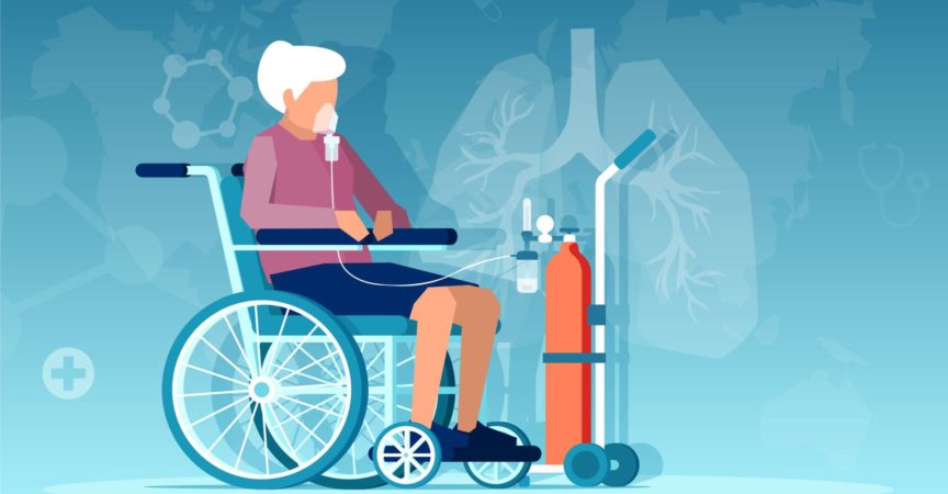 Vektor einer älteren Frau, die im Rollstuhl sitzt und Atembeschwerden auf Sauerstofftherapie hat