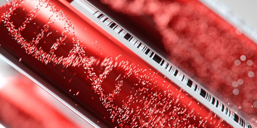 DNA-Molekül, das sich im Reagenzglas in der Blutuntersuchungsausrüstung bildet.3d-Rendering, konzeptionelles Bild.