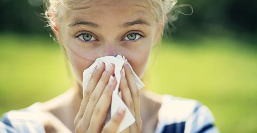 Porträt eines jugendlichen Mädchens, das sich an einem Sommertag die Nase putzt. Das Mädchen ist allergisch gegen die Pollen.