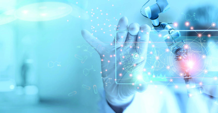 Roboteranalyse und Testergebnis von DNA für Ärzte und medizinische Assistenten auf modernen virtuellen Schnittstellen, Wissenschaft und Technologie, innovativ und zukunftsweisend für die medizinische Gesundheitsversorgung im Laborhintergrund.