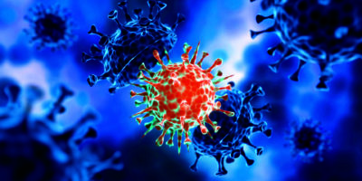 Corona-Virus-Mutations-Covid-19-Illustration mit dunkelblauem Zellhintergrund