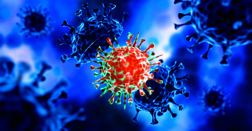 Corona-Virus-Mutations-Covid-19-Illustration mit dunkelblauem Zellhintergrund