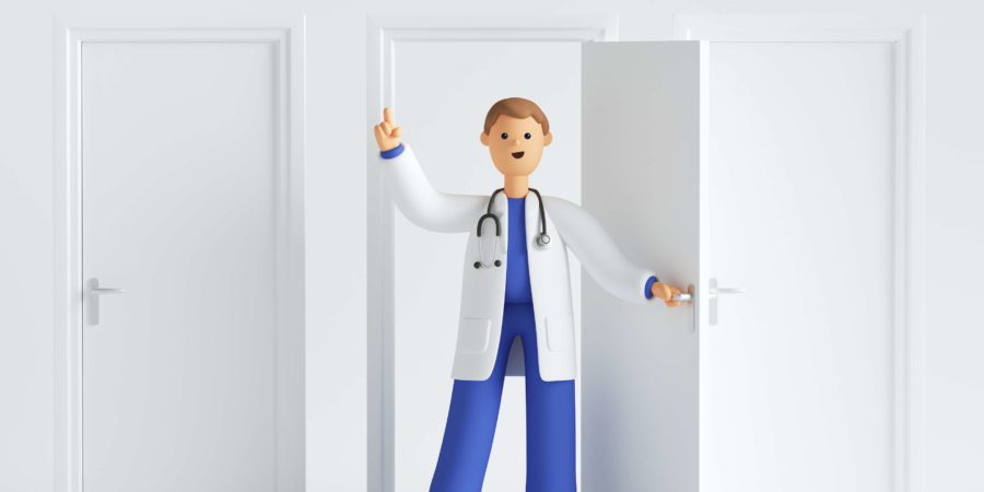 3d rendern, Karikaturcharakterarzt, der Uniform und offene Tür des Stethoskops im Krankenhaus trägt, Finger zeigt, medizinischen Hintergrund