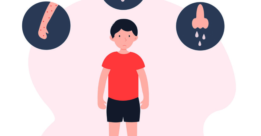 Flache Vektorillustration des Kinderallergiekonzepts. Stehender Junge mit Allergiesymptomen.