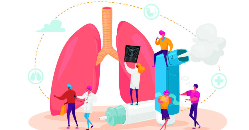 Pulmonologie und Asthma. Winzige Charaktere an riesigen Lungen und Inhalatoren, Untersuchung und Behandlung des Atmungssystems