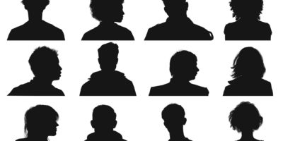 Silhouette der menschlichen Köpfe und Gesichter von der Vorder- und Seitenansicht.