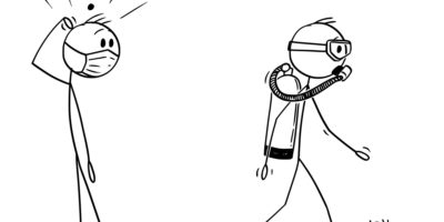Vektorkarikaturillustration des geschockten Mannes in der Gesichtsmaske, die einen anderen Mann betrachtet, der Tauchmaske und Ausrüstung als Schutzanzug gegen Coronavirus Covid-19 trägt