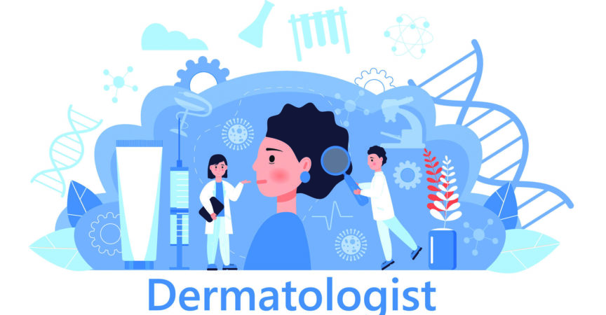 Dermatologe Konzeptvektor für medizinische Websites und Landing Pages, Blog. Hautkrankheiten und dermatologische Probleme. Psoriasis, Vitiligo, Dermatitis, Hautausschlag beim Menschen.