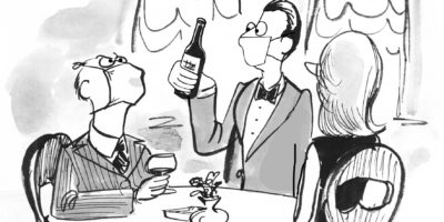 Ein Cartoon, der einen elitären, älteren Mann zeigt, der sich die Mühe macht, dass seine Gesichtsmaske ihn beim Trinken eines guten Weines stört.