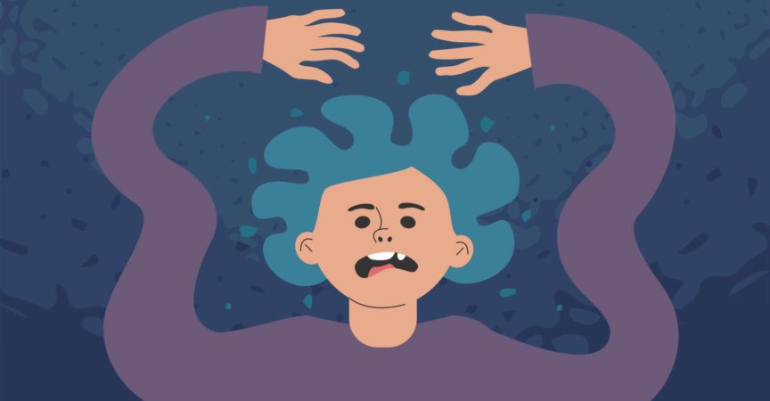 Ein trauriger Charakter verspürt Angst, Angst oder eine Panikattacke. Psychische Störung, Neurose und Verwirrung im Bewusstsein. Flache Vektorillustration.