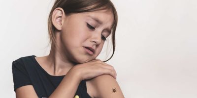 Eine gefährliche Zecke krabbelt auf der Hand des Kindes. Das Mädchen hat Angst vor Insekten.