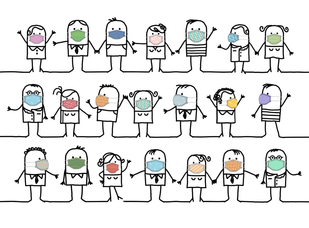 handgezeichnete Cartoon-Gruppe von Menschen, die hausgemachte farbige Schutzmasken tragen
