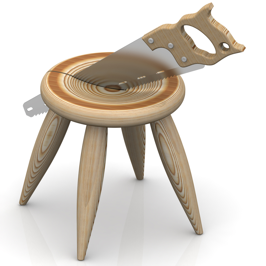 Wooden stool is cut with a hacksaw. The concept of the division of property. Isolated. 3D Illustration