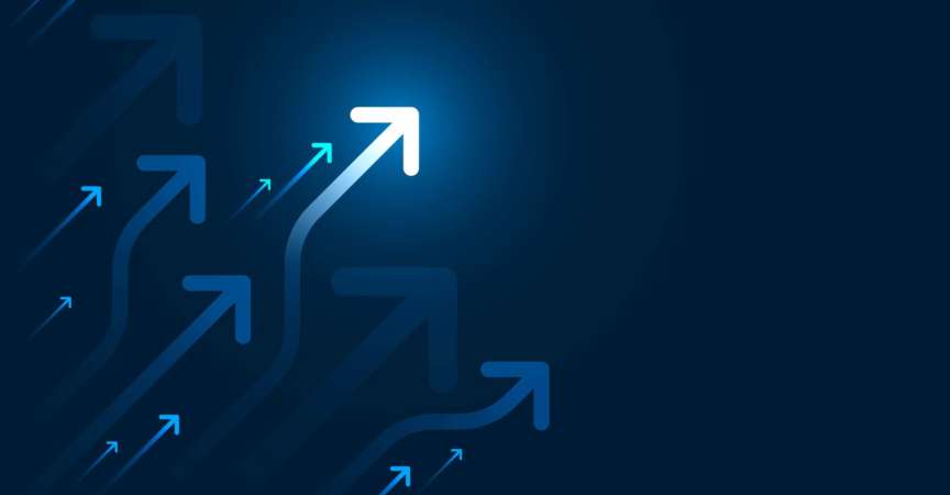 Lichtpfeilschaltung auf blauer Hintergrundillustration, Kopienraumzusammensetzung, Geschäftswachstumskonzept.