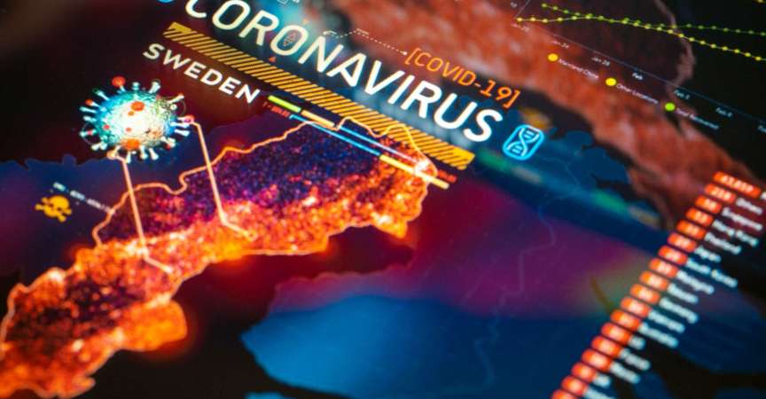 Coronavirus (COVID-19) Ausbruch in Schweden Statistik Nahaufnahme auf digitaler Anzeige. Quarantänekarte.