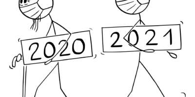 Vektor-Cartoon-Illustration des Jahres 2020 als alter Mann geht, neues Jahr 2021 kommt, beide tragen eine Coronavirus Covid-19-Schutzmaske