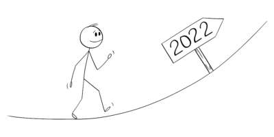 Person, die nach oben geht, große Erwartungen aus dem Jahr 2022, Vektor-Cartoon-Strichmännchen-Illustration