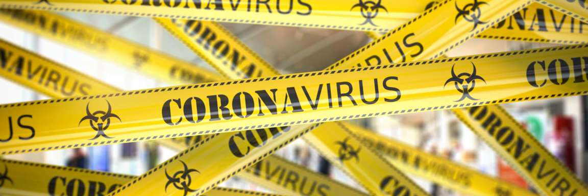 Coronavirus-Vorsicht auf gelbem Warnband. Virale Epidemie und Apndemie in China. 3D-Darstellung