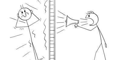 Person oder Nachbar macht laute Geräusche mit Megaphon hinter der Wand, Vektor-Cartoon-Strichmännchen-Illustration