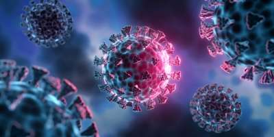 Corona Virus Mutation - medizinische 3D-Illustration mit dunkelblauem Zellhintergrund