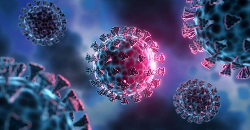 Corona Virus Mutation - medizinische 3D-Illustration mit dunkelblauem Zellhintergrund