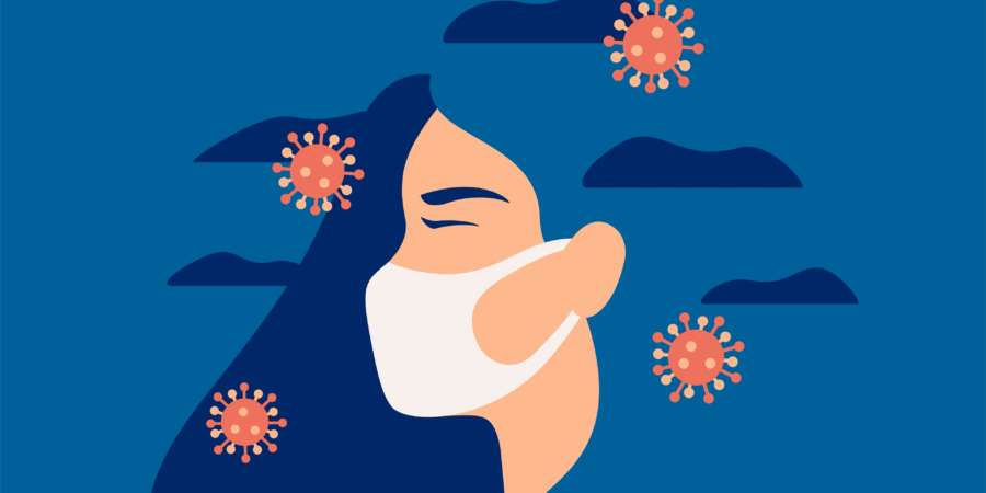Frau, die in der Covid-19-Pandemie eine Gesichtsschutzmaske trägt, verspürt Angst und leidet unter Druck. Mädchen in Depressionen mit düsteren Gedanken atmet durch eine Maske.