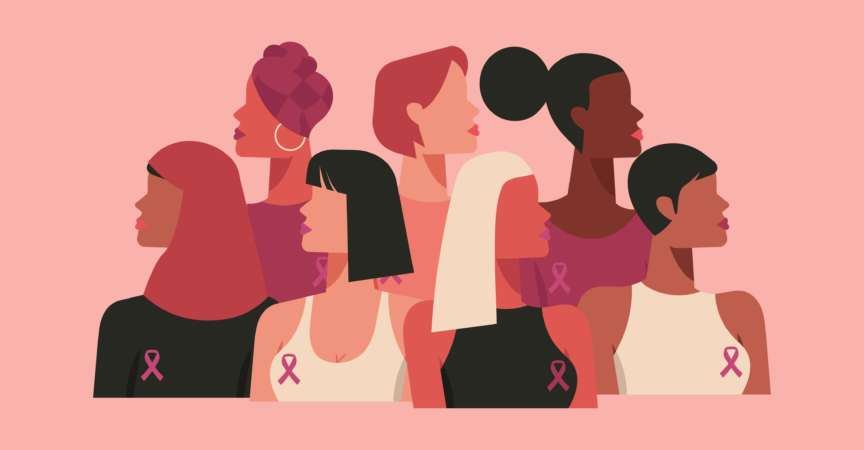 Brustkrebs-Bewusstseinsmonat und verschiedene ethnische Frauen mit rosafarbenem Unterstützungsband