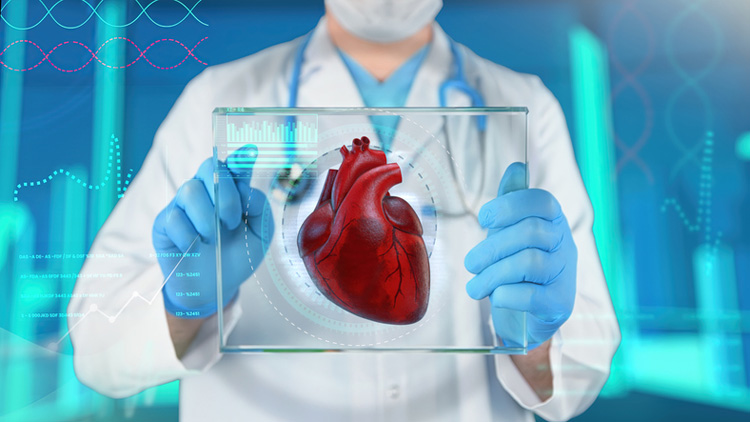 Nicht erkennbarer Arzt im Mittelgrund hält ein durchsichtiges Tablet in die Kamera, mit einer 3D-Illustration eines Herzens