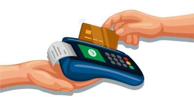 Kreditkarte mit Handdurchzug auf Zahlungsgerät, mobiles Banking und Einkaufssymbolkonzept Cartoon-Illustrationsvektor