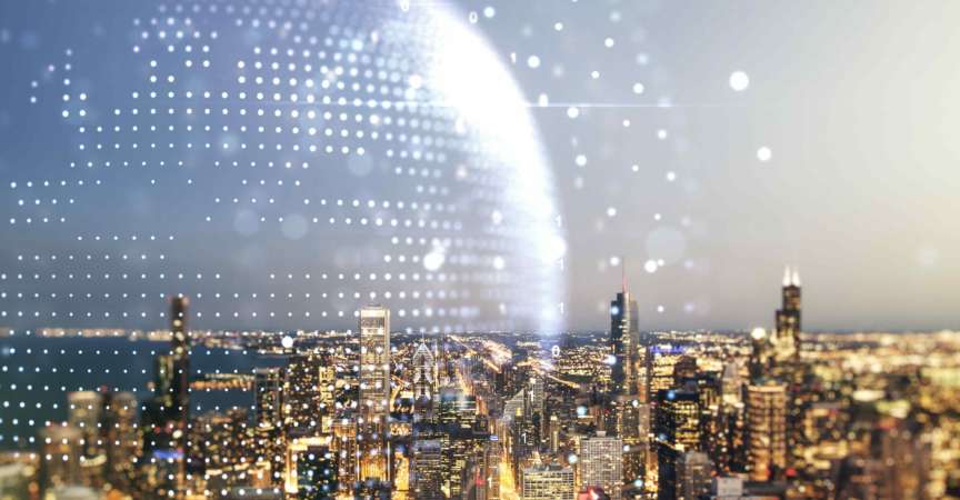 Mehrfachbelichtung des abstrakten grafischen Weltkarten-Hologramms auf dem Hintergrund, dem Verbindungs- und Kommunikationskonzept von Chicago-Bürogebäuden