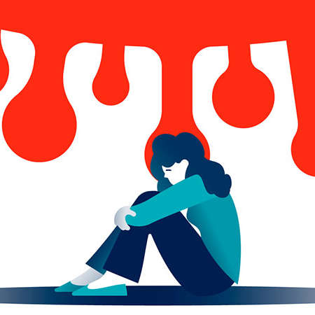 Illustration einer deprimierten am Boden sitzenden Frau mit einer grossen Viruszelle über ihr