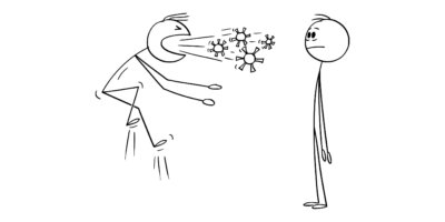 Vektor-Cartoon-Illustration eines kranken infizierten Mannes, der hustet oder niest und eine Infektion mit Coronavirus Covid-19 oder Grippe verbreitet.