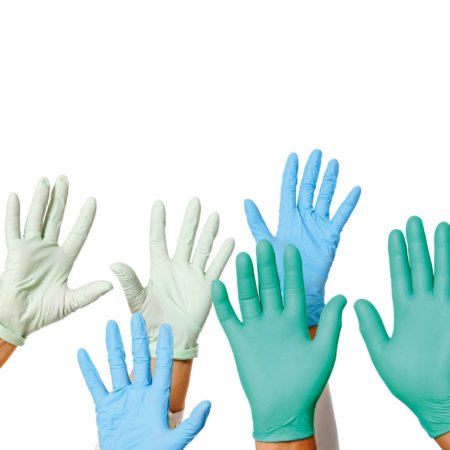Viele Ärzte Hände in Handschuhen, isoliert auf weiss.