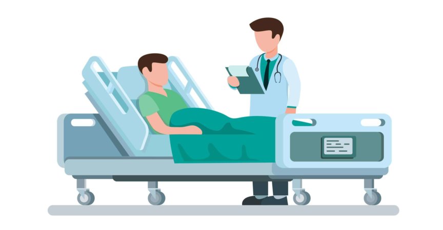 Der Arzt besucht den Patienten und erklärt die Diagnose der Krankheit in einem flachen Illustrationsvektor der Karikatur, der auf weißem Hintergrund isoliert ist