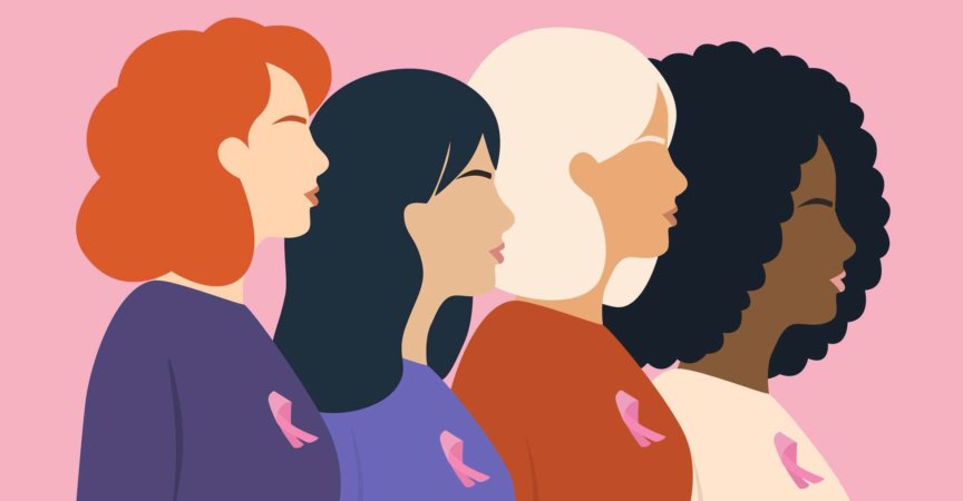 Seitenansicht der multiethnischen Frauengruppe mit rosa Bändern. Brustkrebsbewusstsein und Unterstützungskonzept.