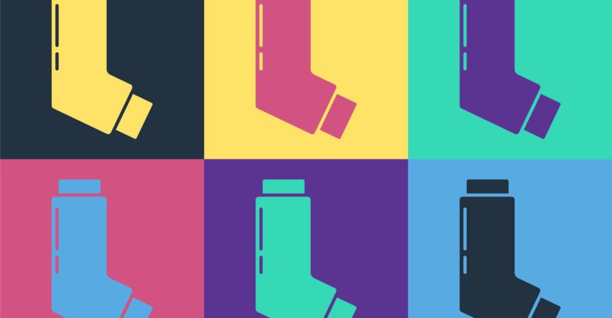 Pop-Art-Inhalator-Symbol isoliert auf farbigem Hintergrund. Beatmungsgerät zur Linderung von Husten, Inhalation, Allergiker. Medizinisches Allergie-Asthma-Inhalationsspray. Vektor-Illustration