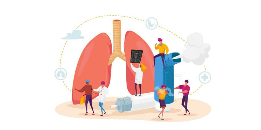Pneumologie und Asthmaerkrankungen. Winzige Charaktere bei riesigen Lungen und Inhalatoren, Untersuchung und Behandlung des Atmungssystems