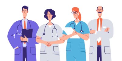 Vektorskizzendarstellung eines medizinischen Personals, Gesundheitspersonals, Krankenhausärzte. Bearbeitbarer Strich, globale Farbfelder.