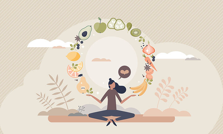 Themenbild Ernährung: Illustration Frau im Schneidersitz jongliert mit Früchten und Gemüse