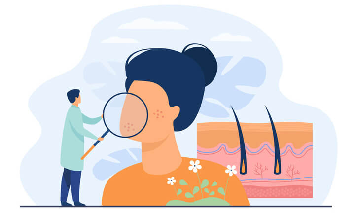 Themenbild Hauterkrankungen: Illustration Arzt prüft Gesichtshaut einer Frau mit Lupe