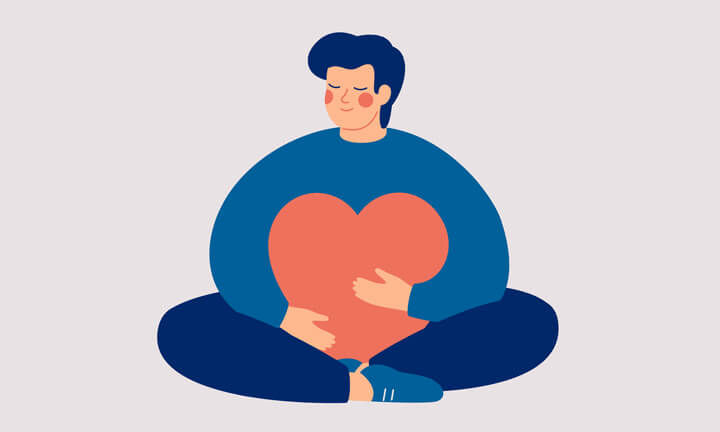 Themenbild Herz: Illustration einer Frau, die ein grosses Herz umarmt