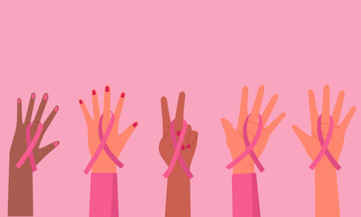 Themenbild Krebs: Illustration Frauemhände halten Schleifen in die Höhe