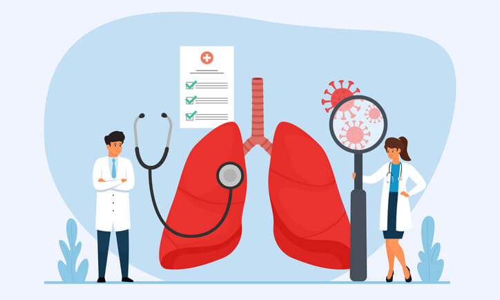 Doctors examining human lungs. Respiratory system examination and treatment. Pulmonology. Vector illustration.