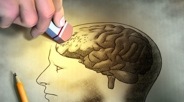 Someone is erasing a drawing of the human brain. Conceptual image relating to dementia and memory loss. Digital illustration.