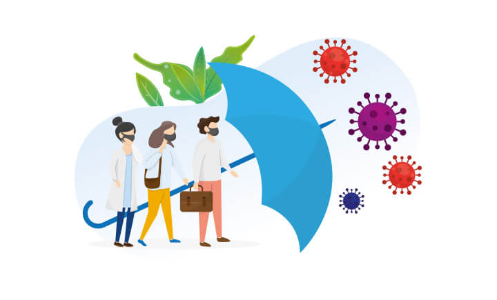 Themenbild Immunsystem: Illustration einer kleinen Gruppe Menschen, die mit einem riesigen Regenschirm versuchen, Viren fernzuhalten.