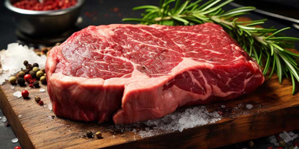 Ein frisches, rohes Stück Steak mit Rosmarin-Zweig auf einem Holzbrettchen.